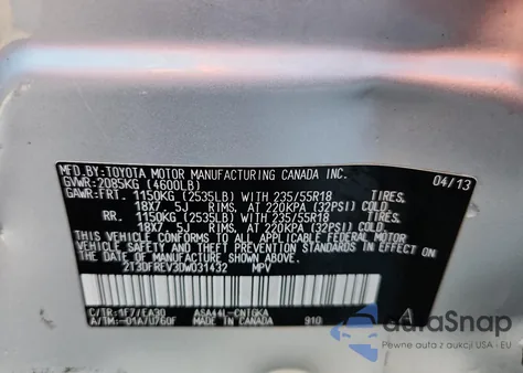 2013 Toyota Rav4 Limited z USA, uszkodzony, nr VIN 2T3DFREV3DW031432